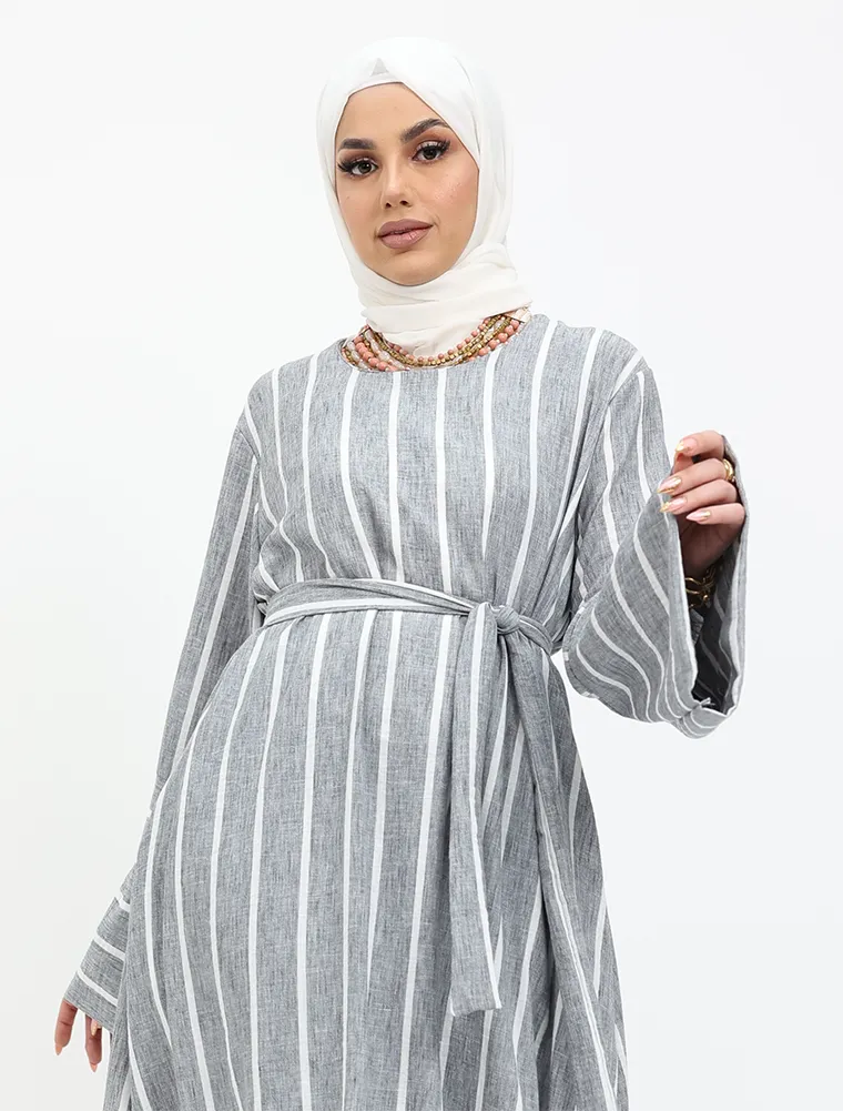 Grey Linen Feel Striped Belted Abaya